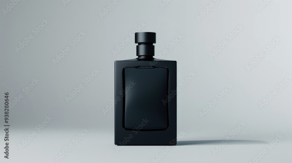 Poster a black perfume bottle on a clean white surface, ready for use or display