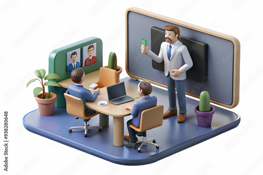 Poster online educator teaching in modern, tech-savvy workspace. image focuses on teaching and communicatio