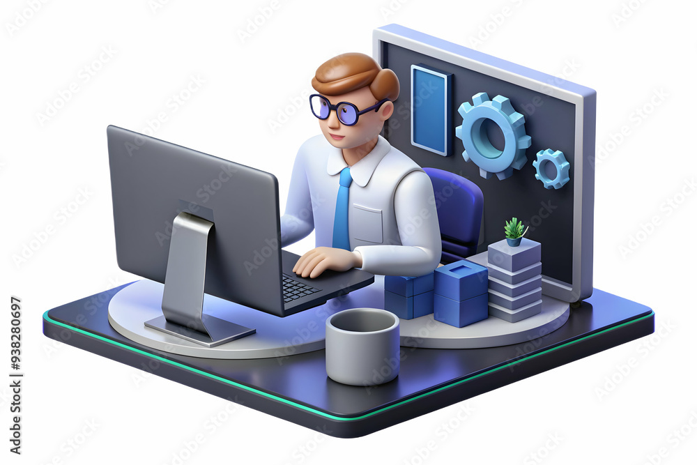Poster remote it specialist troubleshooting on glossy laptop in tech workspace. scene features advanced dig