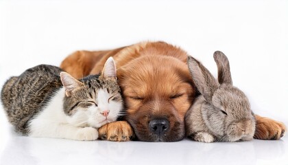仲良く一緒に寝ている子犬と猫とうさぎ（Puppy and cat　and rabbit sleeping together）

