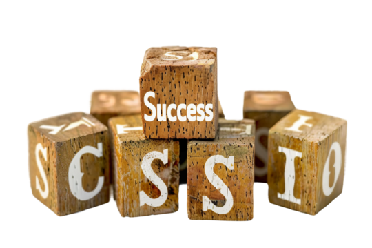 Wooden Cubes Displaying the Word Success Isolated on Transparent Background