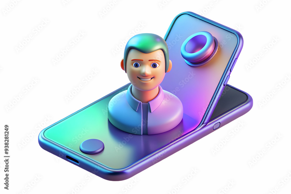 Poster smartphone displaying holographic video call interface on white background. emphasizing virtual meet