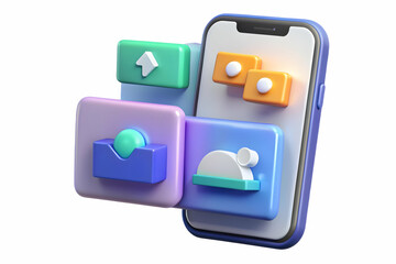 Smartphone with holographic file sharing icons on white background. Ideal for virtual meetings. Photo stock concept.