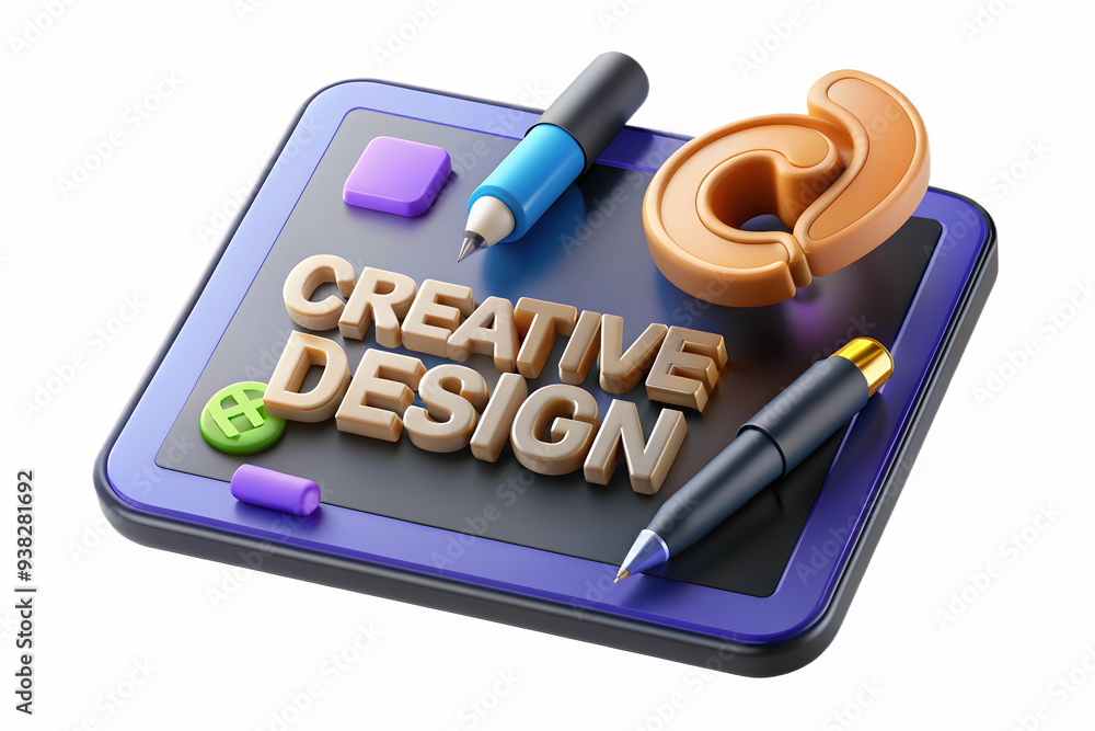 Poster creative tablet and stylus on white background - zooming into design tools for workspace flexibility