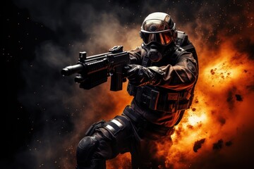 A soldier in a gas mask aims a pistol against the background of an explosion.
