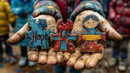 Fototapeta premium Closeup of a hand holding colorful puzzle pieces, symbolizing mental health awareness