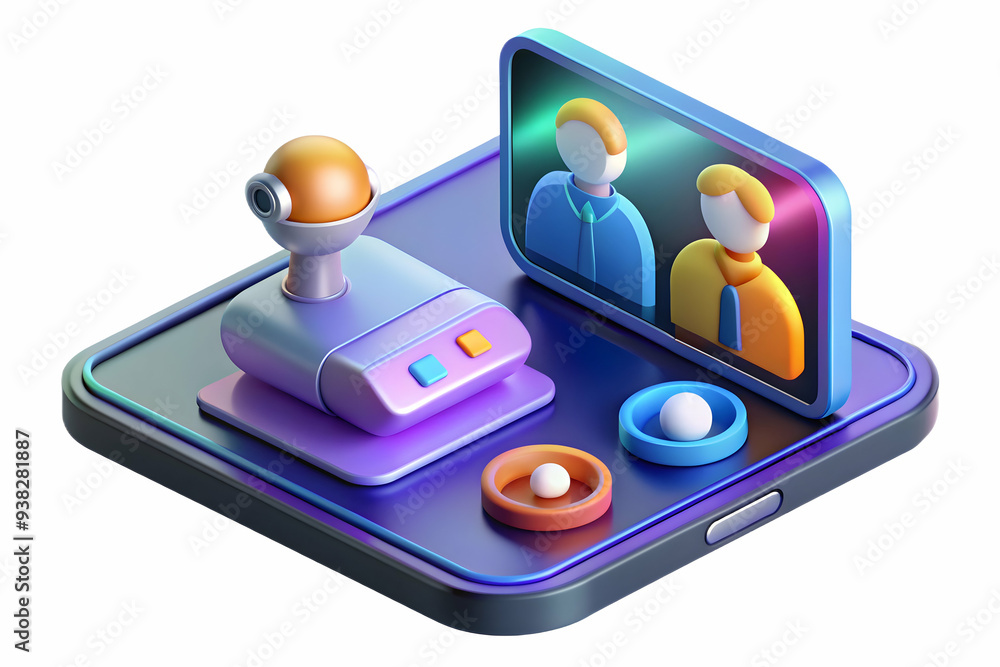 Poster modern tablet with holographic video conferencing interface on white background. emphasizing advance