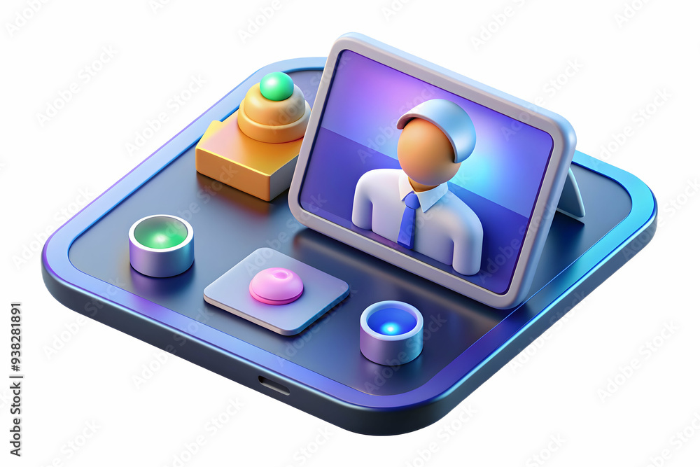 Poster tablet with holographic video conferencing interface on white background. emphasizing advanced virtu