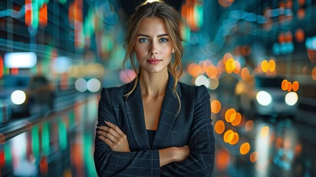 A business-dressed woman stands with her arms folded across her chest while computerised financial themes and stock quotes appear in the backdrop.