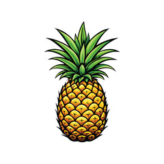 A detailed drawing of a single ripe pineapple with green leaves, isolated on a white background.