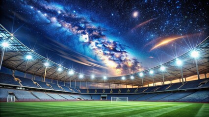 Brightly lit empty stadium at night under a starry sky, cityscape, empty, roof, night, perspective, starry,stadium, structure, venue, urban, sky, illuminated, architecture, no people, sport