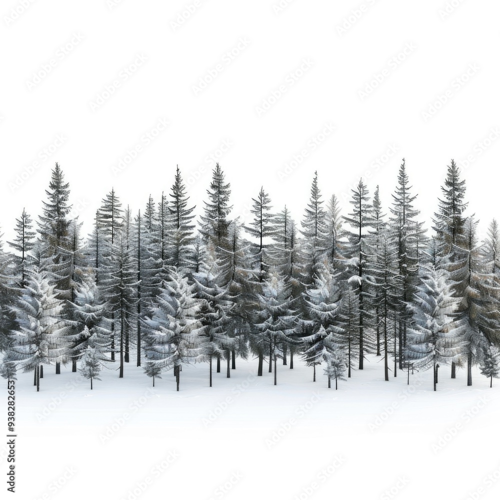 Poster a peaceful scene of a snowy forest with rows of trees covered in snow
