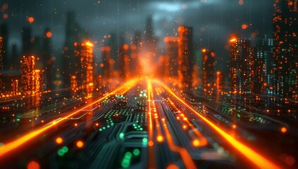 Fototapeta premium Digital technology background with glowing circuit board lines and light effects