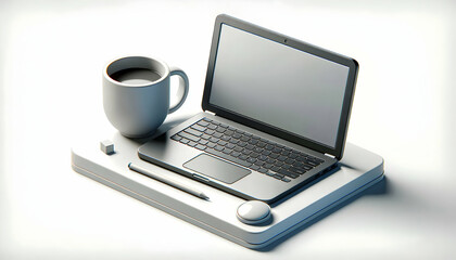 3D laptop and coffee mug vector illustration for home office setup on white background.