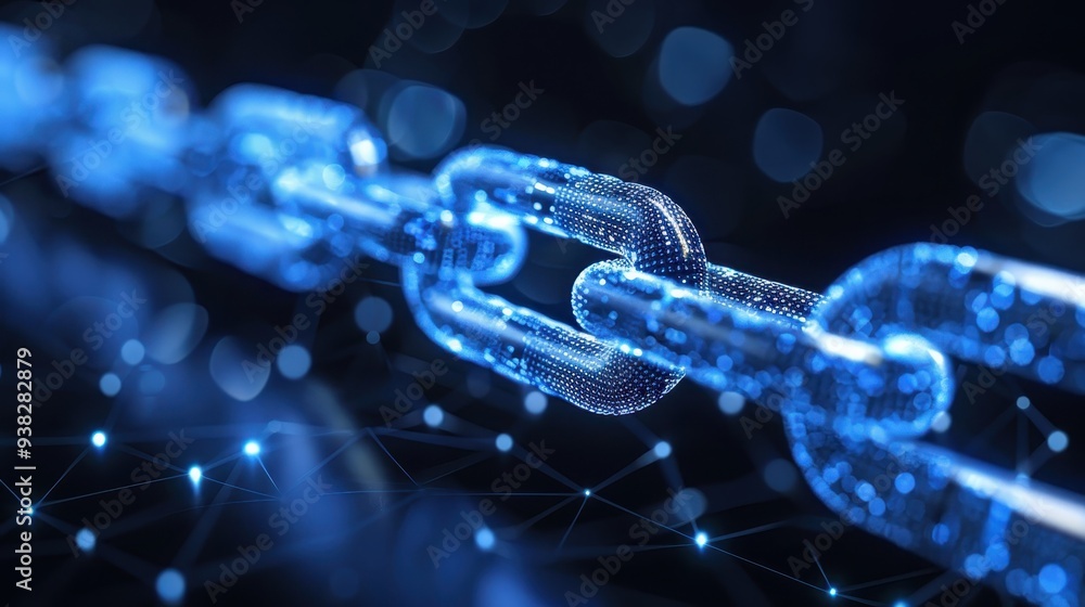 Poster a close-up image of a glowing blue digital blockchain chain link, representing technology, security,