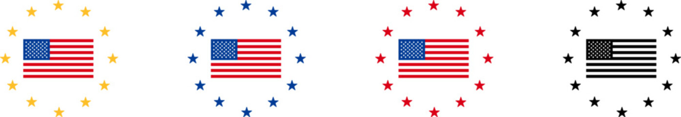 US flag with stars around it set isolated icon. United states of america holidays. 4th of july banner in flat style.