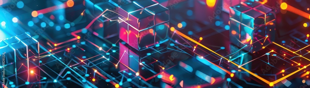 Aufkleber abstract glowing geometric shapes and circuit lines in vibrant colors representing futuristic techno