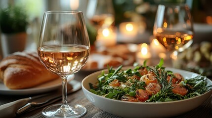 elegant dinner table adorned with gourmet dishes crystal wine glasses catching the warm candlelight fresh salad bowl and artisanal bread completing the inviting scene