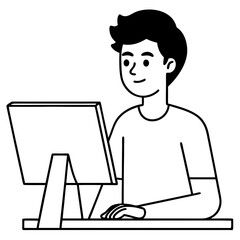 Young Man at Desktop Computer art vector illustration