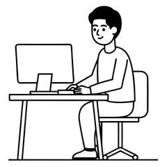 Young Man at Desktop Computer art vector illustration