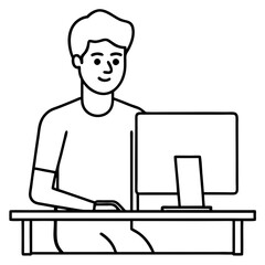 Young Man at Desktop Computer art vector illustration