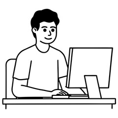 Young Man at Desktop Computer art vector illustration