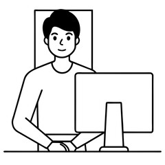 Young Man at Desktop Computer art vector illustration