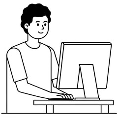 Young Man at Desktop Computer art vector illustration