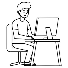 Young Man at Desktop Computer art vector illustration