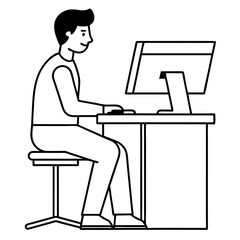 Young Man at Desktop Computer art vector illustration