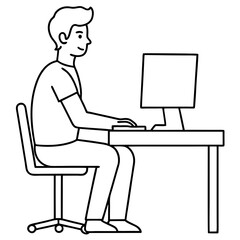 Young Man at Desktop Computer art vector illustration