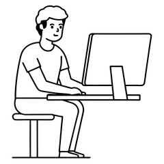 Young Man at Desktop Computer art vector illustration