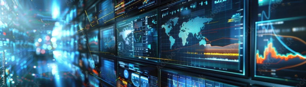 Poster digital stock market data displayed on multiple screens. global financial analysis and trading techn