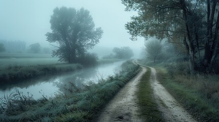 Misty Rural Landscape with Dirt Road and Tranquil River. AI generated illustration