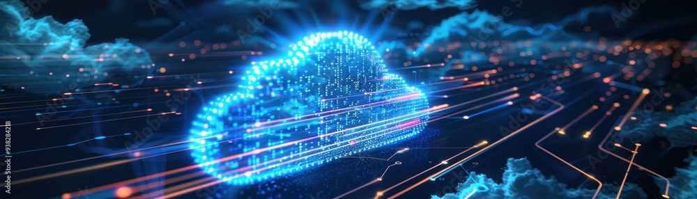 Poster futuristic cloud technology concept with glowing blue digital data transfer lines, representing inno