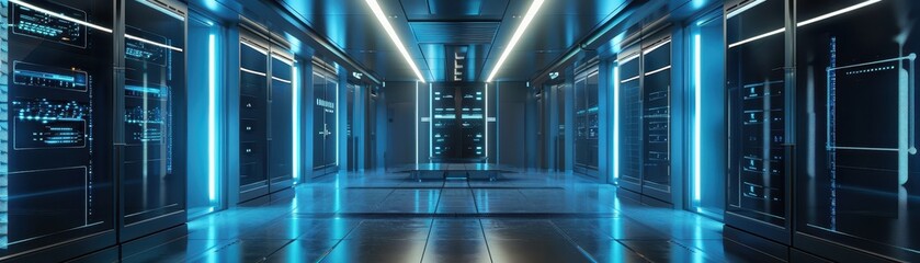 Futuristic data center server room with blue lighting, advanced technology, and high security for digital storage and information processing.