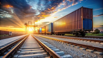 Fototapeta premium supply chain, logistics, transportation industry, transportation hub, rail, scenic, silhouette, sunset, distribution center, Cargo train platform at sunset with container Low Angle