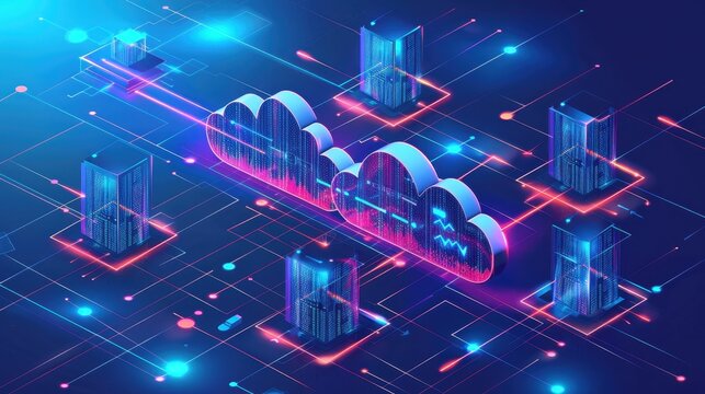 Futuristic cloud computing concept with connected servers and neural network in a digital landscape. Technology and data science illustration.
