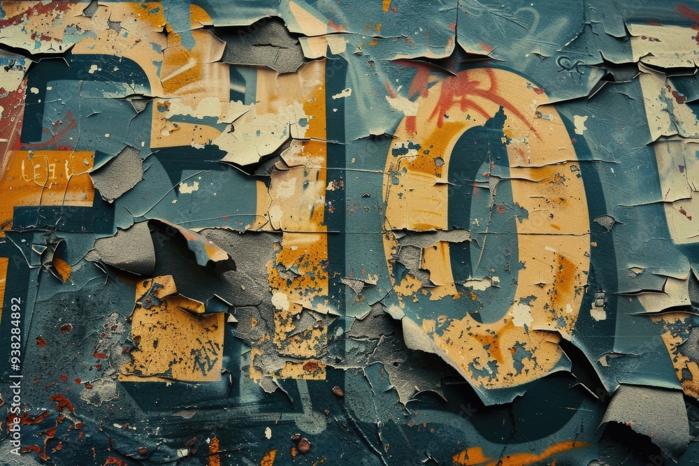 Poster close-up view of a worn-out sign on a wall with peeling paint, great for use in renovation or restor