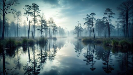Fototapeta premium Dark and mysterious symmetrical foggy swamp, reflection, symmetry, eerie, wetland, atmospheric, creepy, swamp,fog, trees, landscape, dark, tranquil, mysterious, environment, misty, murky
