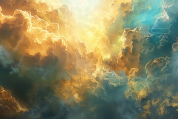 A sunny day with clouds scattered across the blue sky, a bright spot of sunlight peeking through