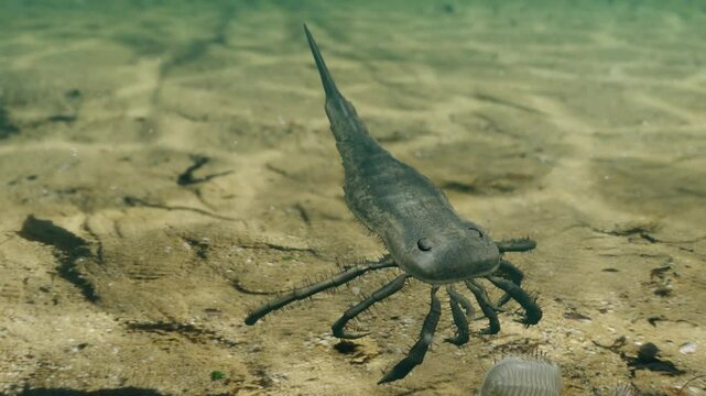 An animation of prehistoric Eurypterid Kokomopterus (Sea Scorpion) encountering dead Trilobites while exploring a Silurian Period sea floor 418 million years ago. Eurypterids are extinct arthropods