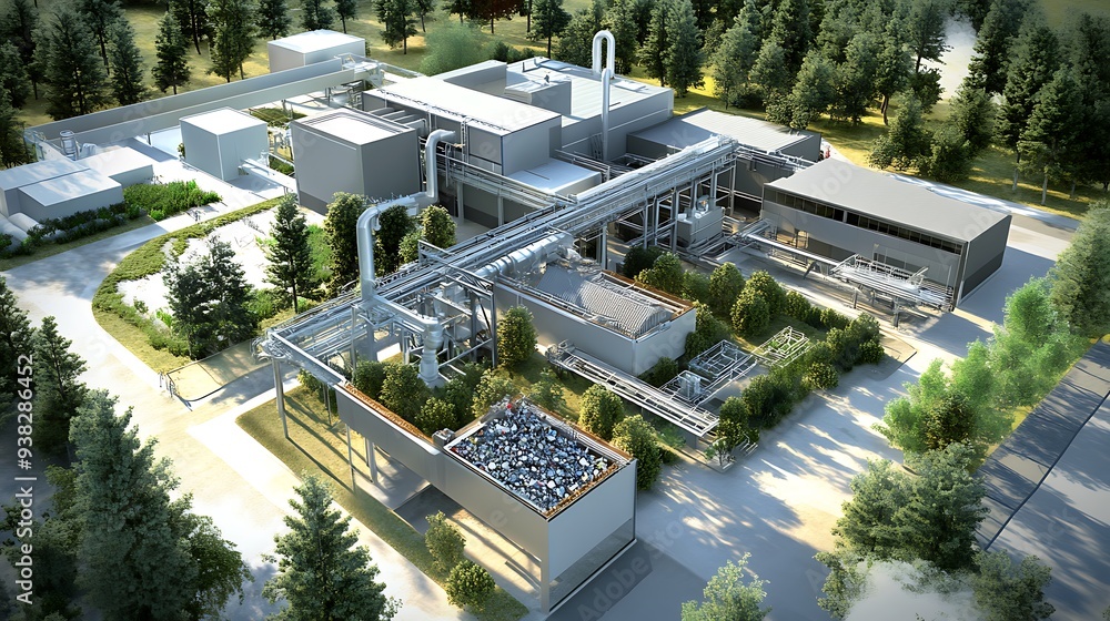 Poster a high-tech waste management facility with ai sorting systems and digital recycling processes