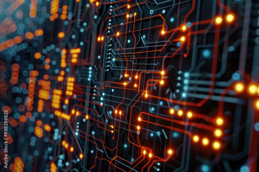 Poster a close-up shot of an electronic circuit board with orange led lights illuminated