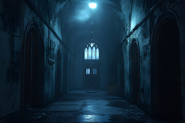 Fototapeta premium Haunting Abandoned Asylum, an eerie structure shrouded in darkness, flickering lights cast unsettling shadows on peeling walls, whispers of the past linger in the air