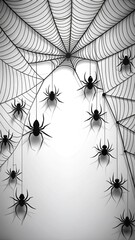 A collection of black spiders suspended in a web against a light background during Halloween season. Halloween background.