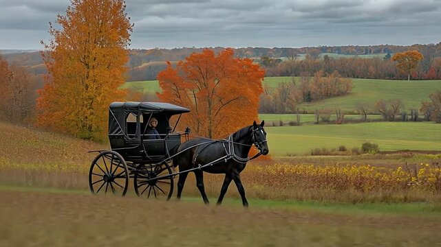 A black Amish-style buggy pulled by a horse in a rural Indiana