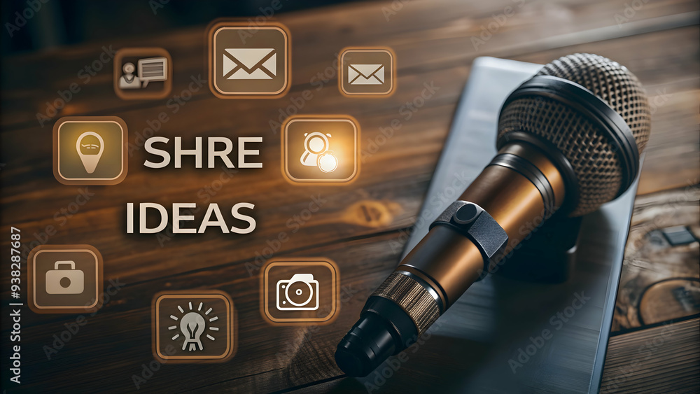 Poster microphone and document icons for idea sharing in virtual meetings on white background