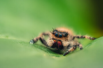 Jumping spider on green leaf with blurred background, close-up macro