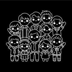 Happy family gathering together with cheerful expressions , cute hand drawn character group, white outlines vector illustration.